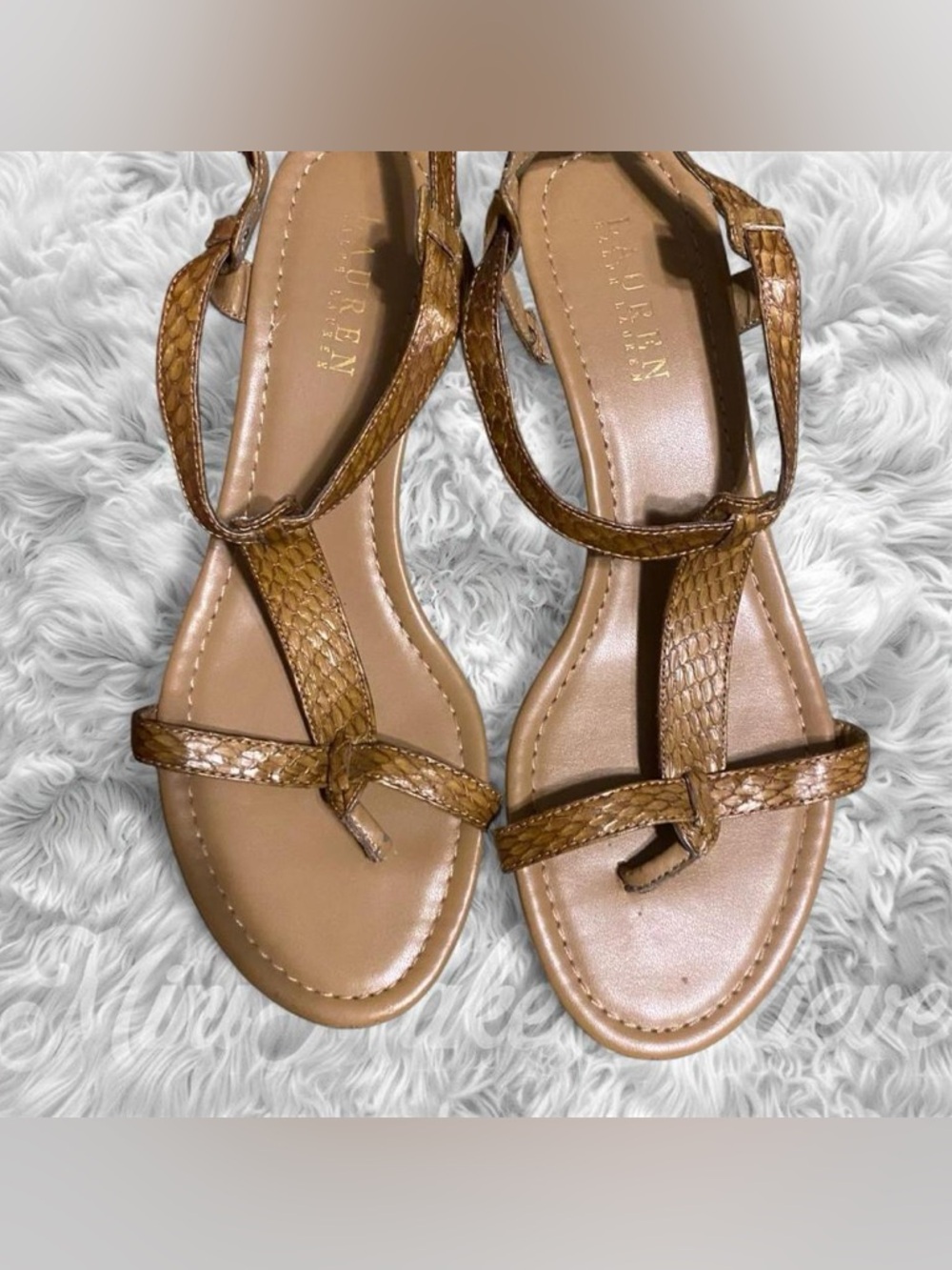 Lauren Ralph Lauren Brown Snake-Embossed T-Strap Sandals